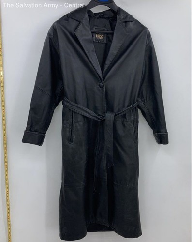 Leno Womens Black Leather Long Sleeve Belted Button Front Trench Coat Size XS