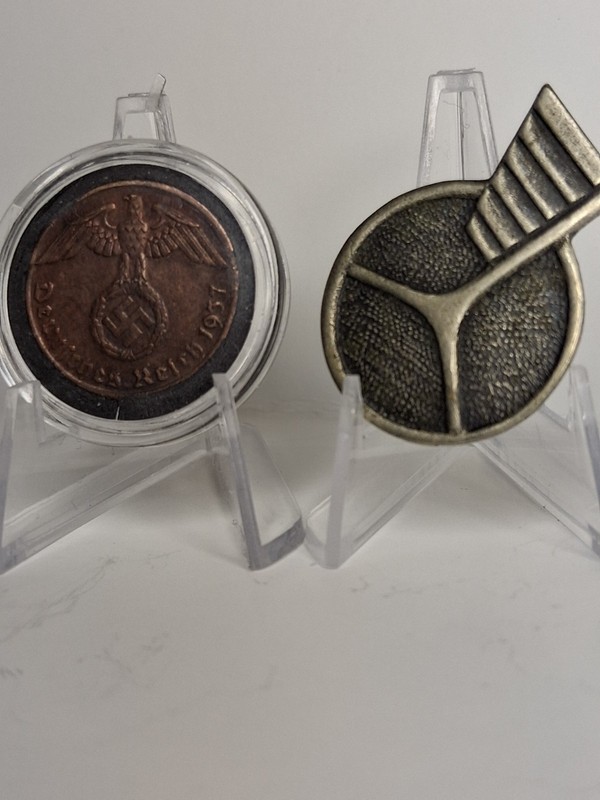 GERMAN 3rd REICH 1937 A - 1  REICHSPFENNIG WWII COIN + BADGE PIN, Combined Shipp