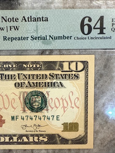 Super Repeater Fancy Serial Number 47474747 2013 $10 FRN Atlanta PMG64EPQ - Picture 4 of 9
