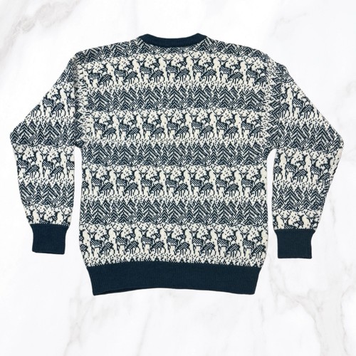 The Shetland Collection Green/White 100% Pure New Wool Reindeer Crewneck, Size M - Picture 2 of 7