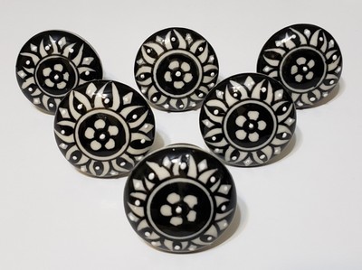 6 Ceramic Black and White Floral Design Drawer Knobs w/ Silver Back Plate 1 3/4''