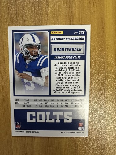 Score Football 2025 Anthony Richardson Orange Foil /799 Colts NFL - Foto 2 di 2