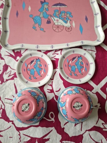 Vintage Tin Litho Ohio Art Tea Cup Saucer PINK POODLE Mini Kids Set Of 5 NICE ! - Picture 4 of 9