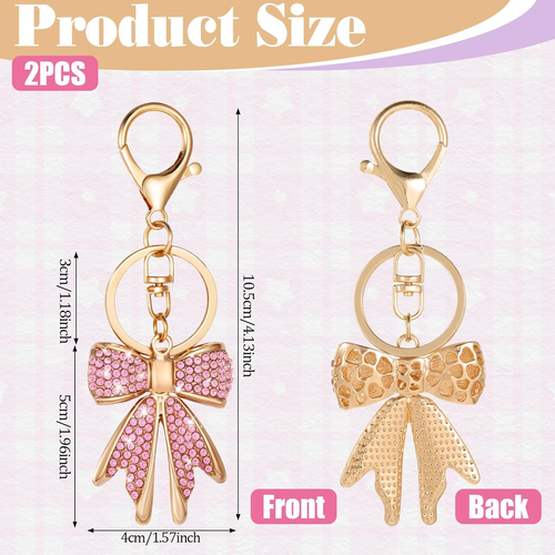 2 Pcs Cute Bow Keychain for Women, Sparkly Pink Rhinestone Bow Bag Charm Shiny G - Picture 2 of 12