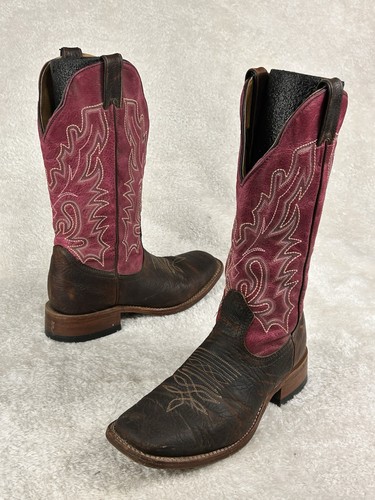 Boulet Boots Women’s Sz 8 Pink Brown 6251 Square Toe Leather Cowgirl Western - Picture 1 of 7