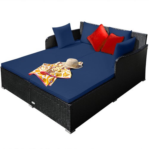 Almohadas de cama de día de patio ratán acolchadas muebles de exterior respaldo curvo azul marino - Imagen 9 de 12