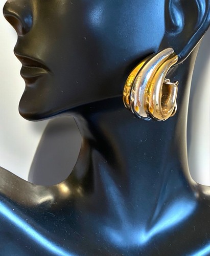VINTAGE 14K Two Tone Gold CHUNKY Puffed Hoop Omega Earrings STUNNING - Picture 4 of 21