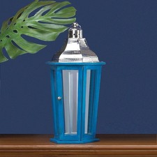 LANTERN AZUL BLUE LARGE MANGO WOOD NIKKI CHU CENTERPIECE STEEL TOP 24" TALL