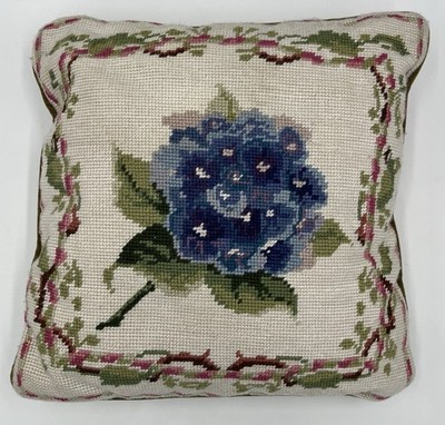 Vintage Needlepoint Wool Blue Hydrangea Floral Pillow Velvet Back 12  x 12 