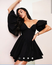 Asos Luxe Size 10 Black Cotton One Shoulder Dress Ruffle Midweight