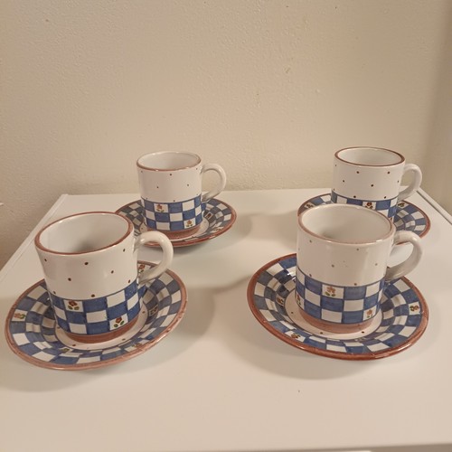 Vtg MM Portugal Red Ware Art Pottery Mug & Saucer Set of 4-Checkered-Tulips-90s - Picture 1 of 13