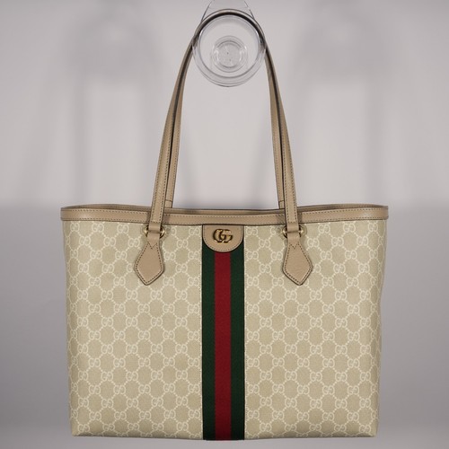 Gucci GG Supreme Monogram Dollar Calfskin Web Medium Ophidia Tote Beige Leather