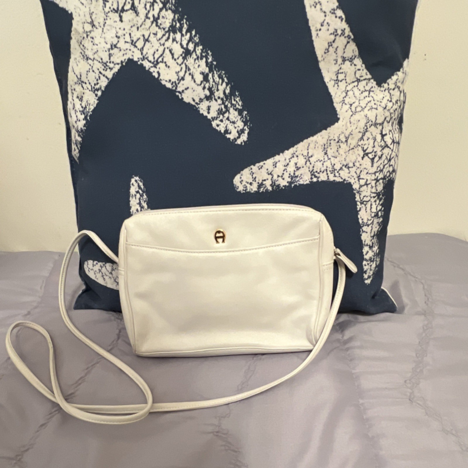 Etienne Aigner Ivory Crossbody Bag, Small Logo, Zip Closure, Adjustable Strap