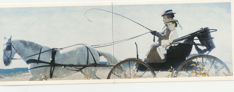 Art: Norman Rockwell woman driving horse in carriage postcard