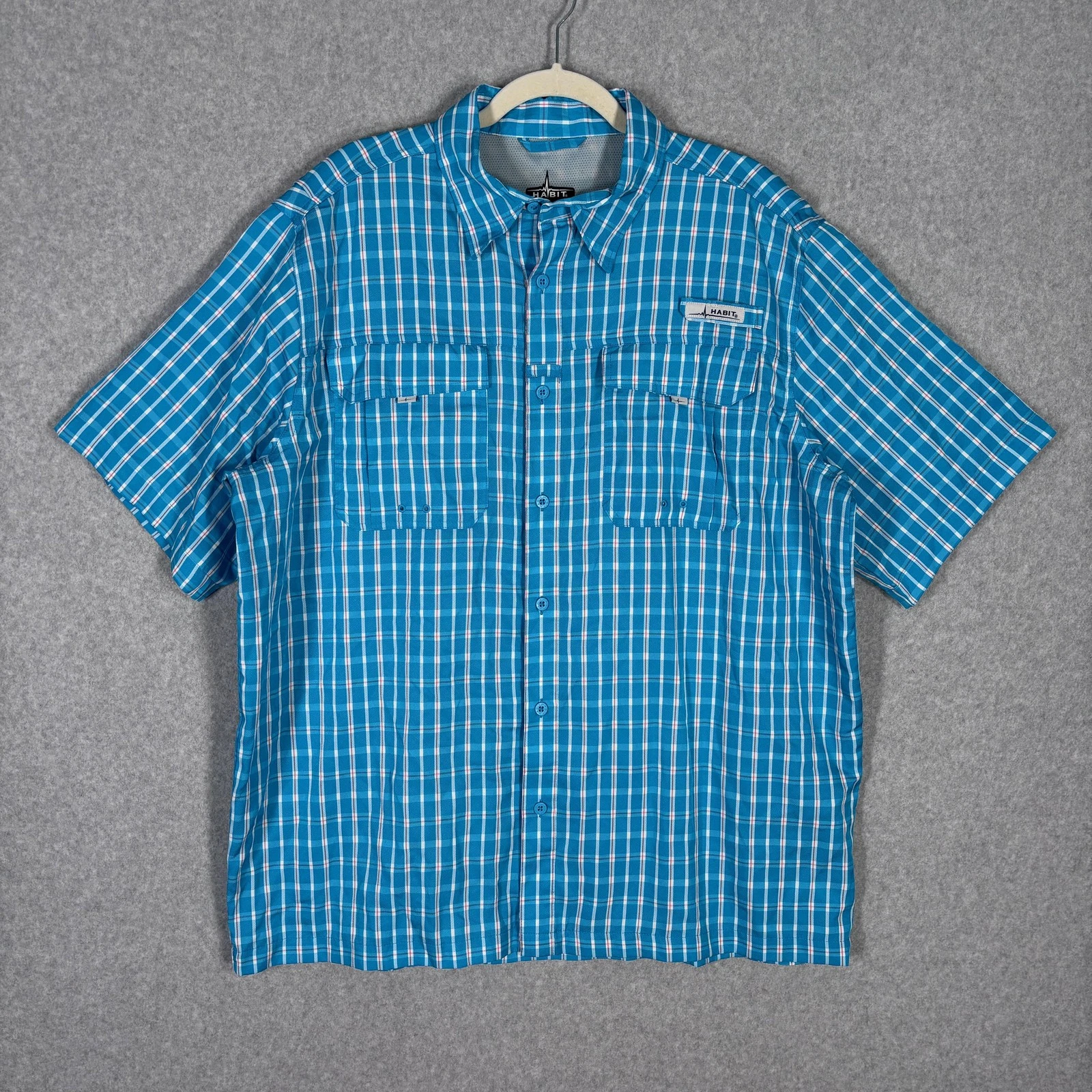 Habit Fishing Shirt Mens XL Blue Plaid Vented UPF 40+ Short Sleeve Pockets