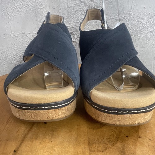 Clarks Collection Wedge Sandals Womens Size 11 Wide Navy Cork Slingback Platform - Picture 3 of 15