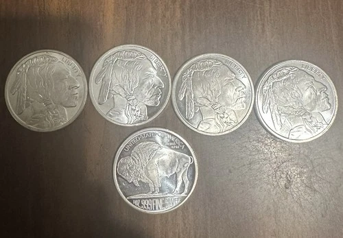 Lot Of 5 - 1 Oz. 999 Fine Silver Buffalo Coins