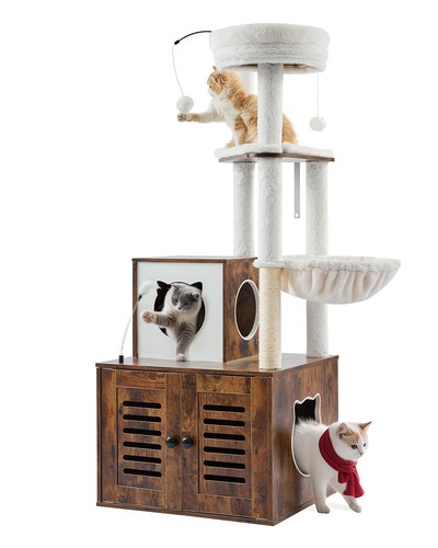 VEVOR Large Cat Tree Litter Box Enclosure 2-in-1 Cat Tower Indoor Cat Play House - Picture 1 of 12