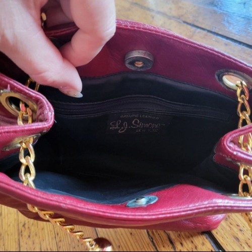 L.J. Simone New York Vintage Genuine Leather Red Crossbody Gold Chain Strap Bag - Picture 4 of 7