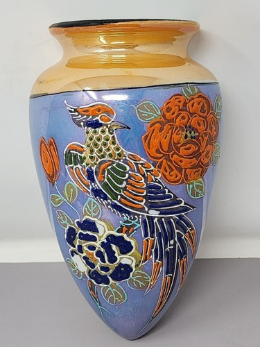 Handbemalte japanische Wand Taschenvase mit Vogel & Blumenmuster glänzende Oberfläche - Bild 1 von 11
