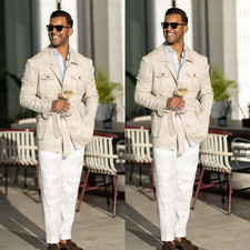 Men's Safari Jackets with Belt Dinner Party Outdoor Sport Wear Hunting Coats