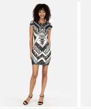 Express Bodycon Dress Black and Gold Bronze Sequin, Short Sleeve