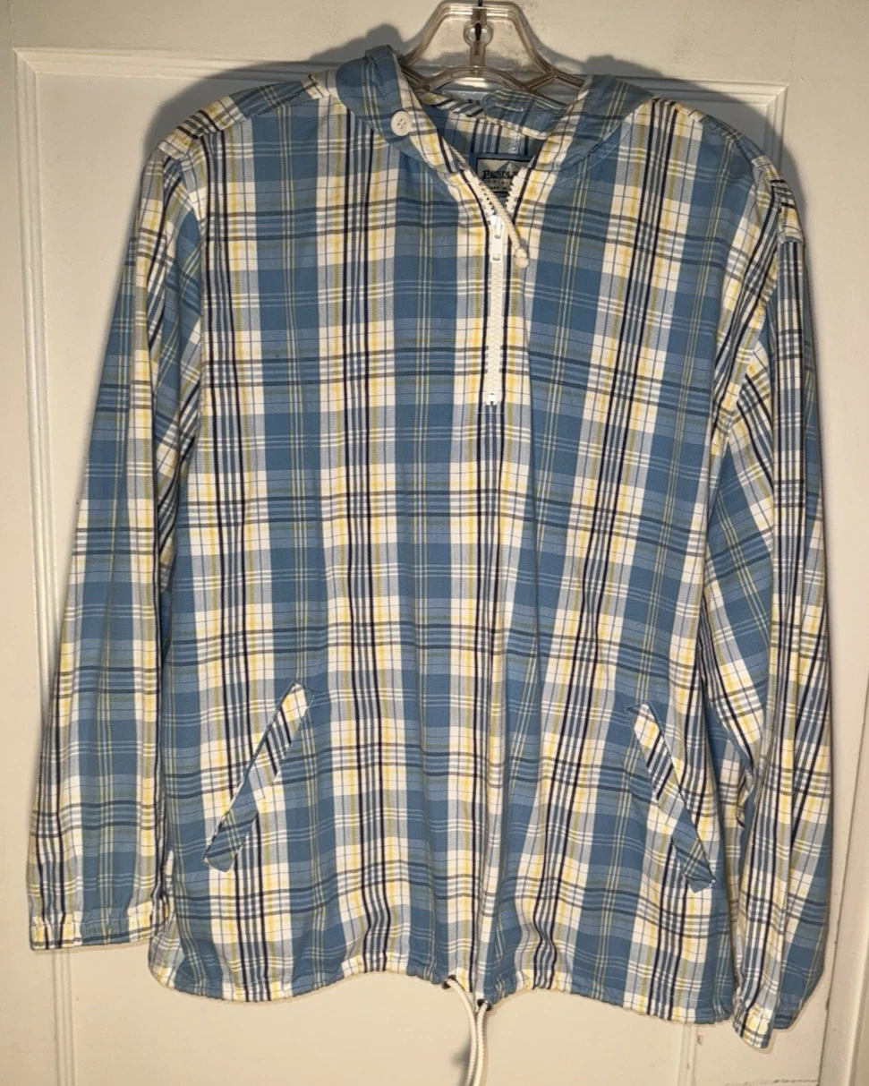 Vintage 90s Blue Plaid PENDLETON Cotton 1/4 Zip Hoodie Pullover Size S