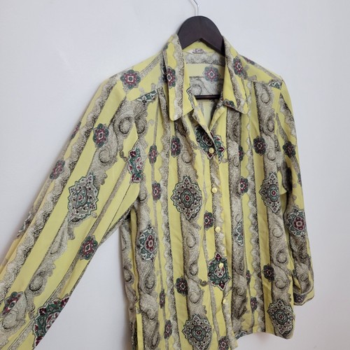 Vintage Blouse Womens Shirt Top Size 14 Yellow Indian Smart Boho Work Ladies - Picture 2 of 5