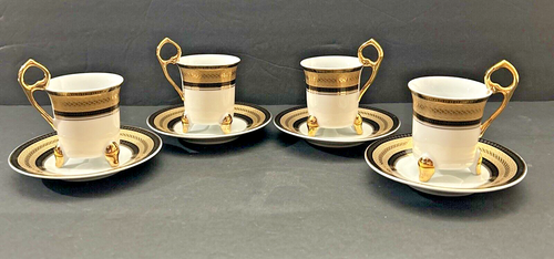 Espresso/Demitasse Cups & Saucers. White, Brown, Gold Set/4 Chekoslovaki Vintage - Afbeelding 1 van 10