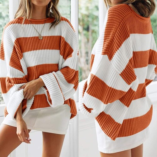 Women Orange and White Striped Sweater Knitwear Long Sleeve Knitted Pullover - Picture 19 of 83