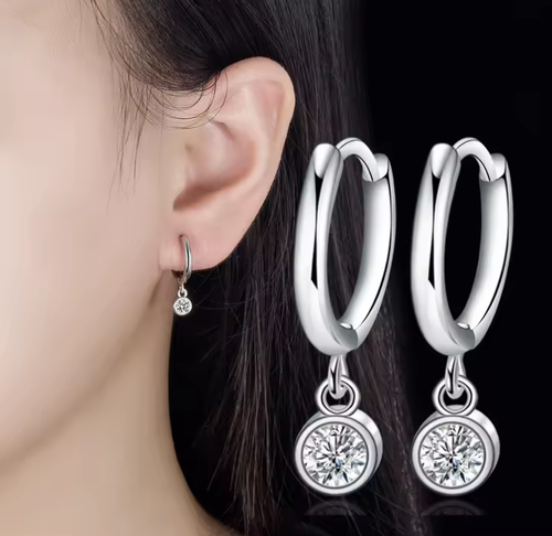 925 STERLING SILVER ROUND DOT HUGGIE HOOP EARRINGS, LAB CREATED DIAMOND,GIFT BAG - Picture 2 of 3