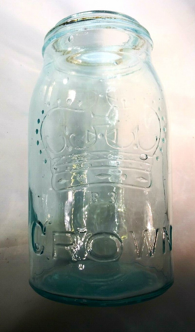 CROWN BLUE/ AQUA CANNING /FRUIT JAR 19131928 Owens scar NOT