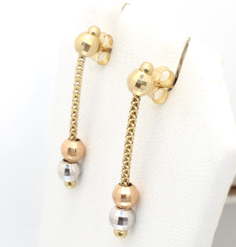 Solid 2.4g - 14k Yellow White Gold Bead Chain Dangle Long Beaded Pierced Earring
