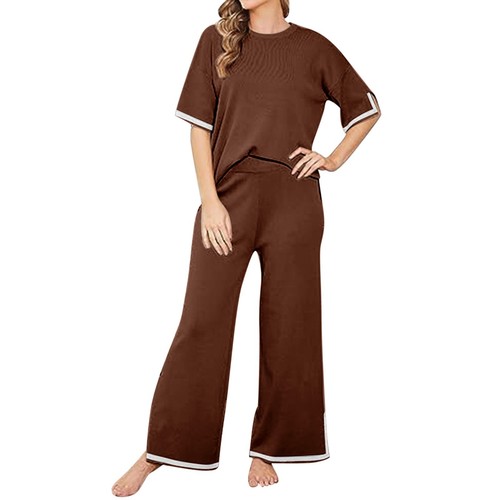 Womens 2 Piece Outfits Lounge Sets Short Sleeve Pullover Sweater Wide Leg Pants - Picture 34 of 54