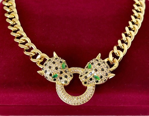 Luxus Panther Panzerkette Collier Zirkonia 585er Gold 14K vergoldet 55cm Damen - Foto 4 di 12