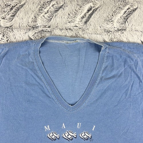 Vintage Maui Hawaii T-Shirt V-Neck Women Size Large Fish Single Stitch Blue - Picture 4 of 7