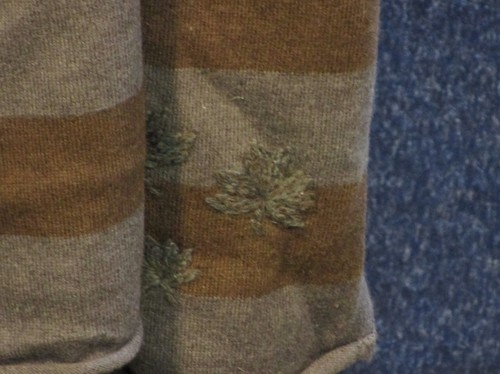 Royal Robbin's Women's Grey Brown Striped Knit Scarf with Embroidered Leaves - Picture 2 of 5