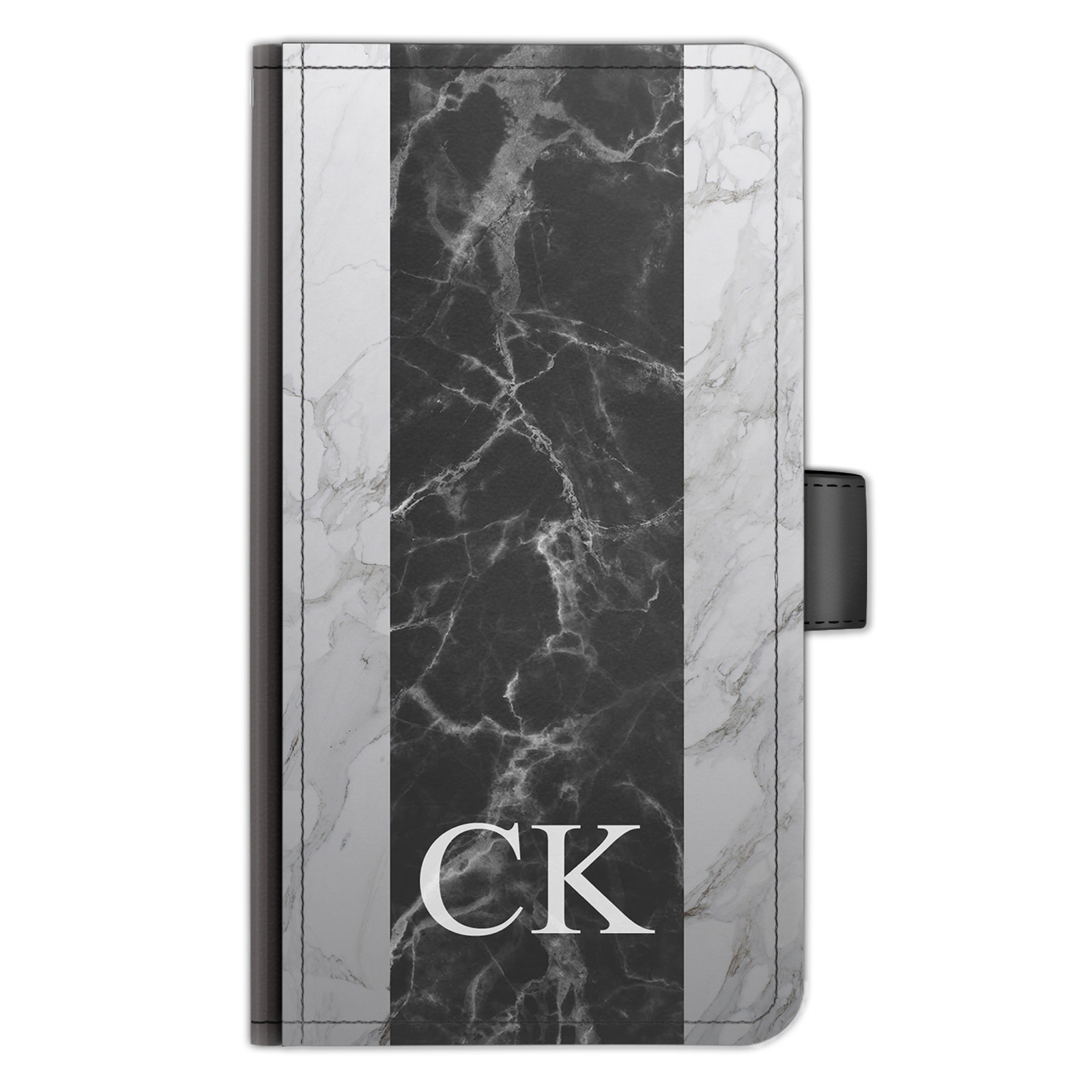 Personalised Initials PU Leather Phone Case Black Marble Stripe Side Flip Cover