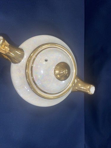 Antiguo Luster ware Co. Tetera blanca con adornos dorados - Imagen 6 de 8