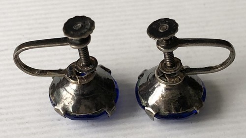 Vintage Antik Sterling Silber Dee Mitternachtsblau Strass Schraubverschluss Ohrringe - Bild 3 von 6
