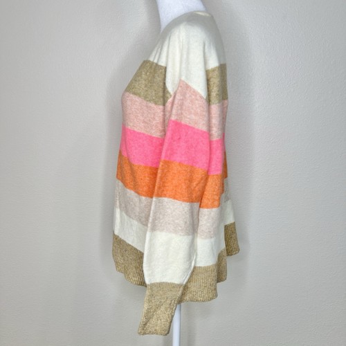 Loft Ivory Beige Pink Striped Relaxed V-Neck Raglan Sleeve Knit Sweater Sz M - Picture 4 of 9
