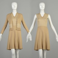XS 1970s Tan Knit Set Sleeveless Dress Long Sleeve Cardigan Geometric Outfit