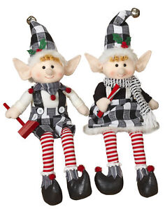 White-Plaid-Large-Christmas-Elf-Elves-Shelf-Sitters-Figurines-Dolls-Set-Decor