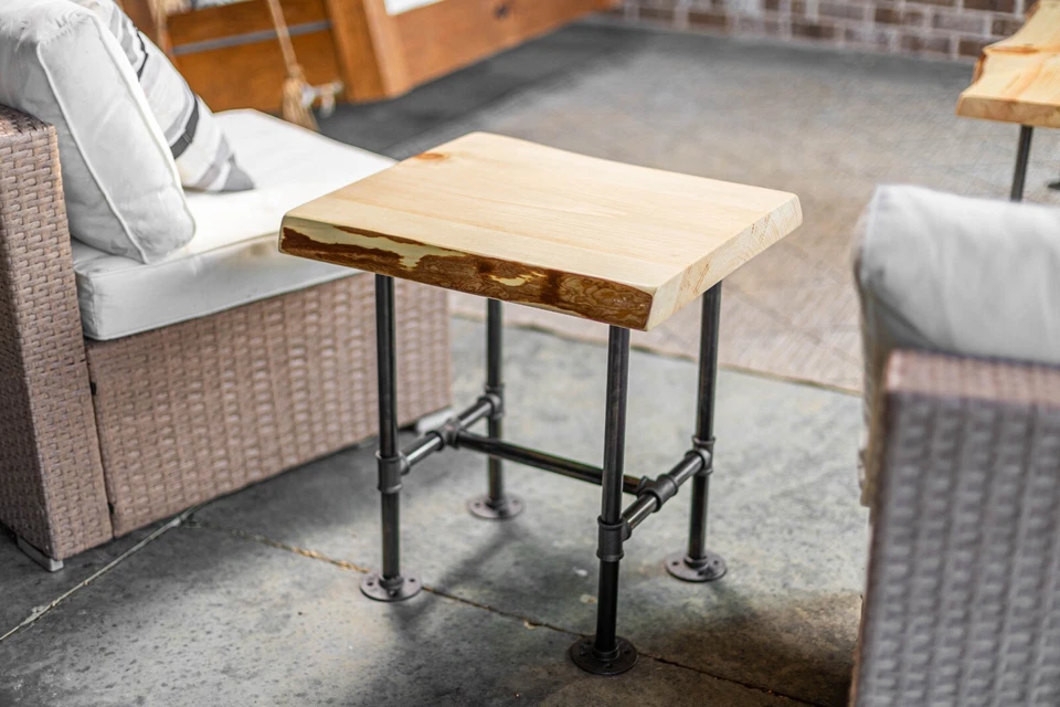 Industrial Pipe End Table Steampunk Cabin Furniture Live Edge Slab  - Image 3 of 4