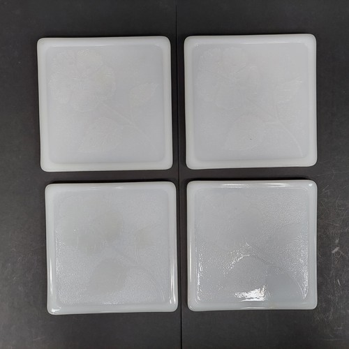 4 McKEE GLASBAKE MILK GLASS Square Trivet Hot Plates Embossed Poppy Flower Tiles