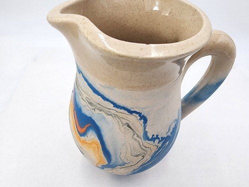 Nemadji Pottery Pitcher Blue and Electric Orange Swirl Pattern Marked - Picture 6 of 10