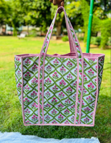 Quilted Cotton Floral Patchwork Reversible Large Tote Bag Grocery Shopping Bag - Picture 6 of 21