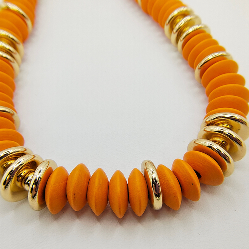 Boho Wood Disc Bead Statement Necklace Set of 2 Orange Turquoise Color Gold Tone - Picture 2 of 24