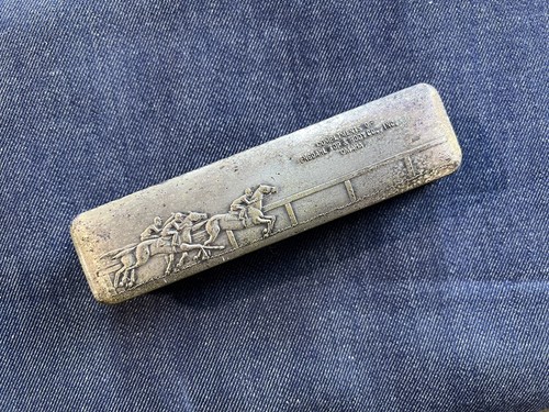 Vintage Engdahl Top & Body Adv Brush Omaha, NE Jockey Horse Scene Silver Plated - Picture 1 of 5