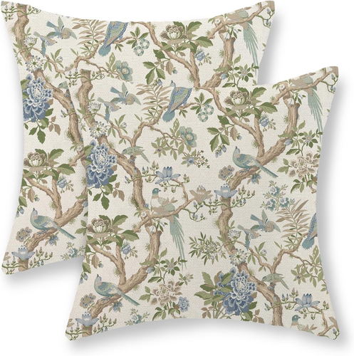 Blue Green Floral Bird Pillow Covers 24X24 Set of 2 Chinoiserie Throw Pillows Gr
